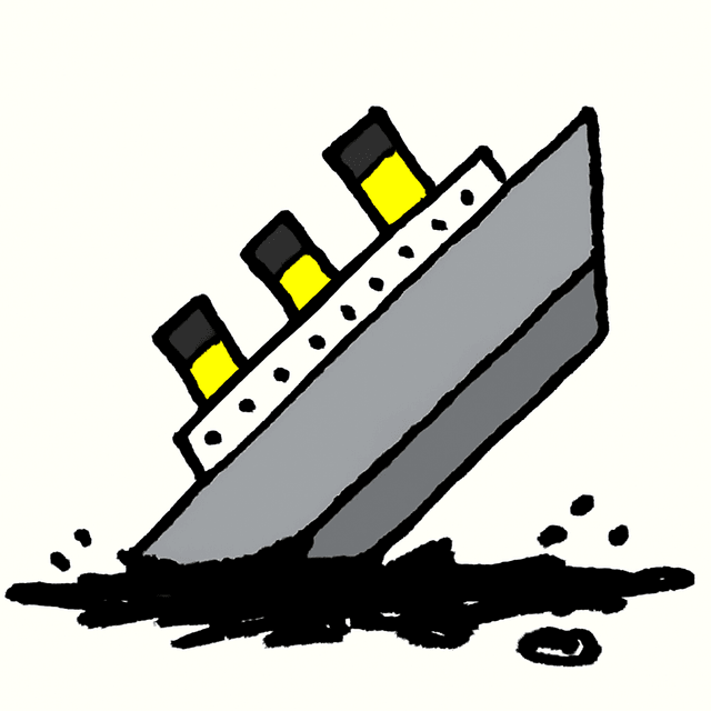 A crude drawing of an old ocean liner tipping bow-up into a black ink spill